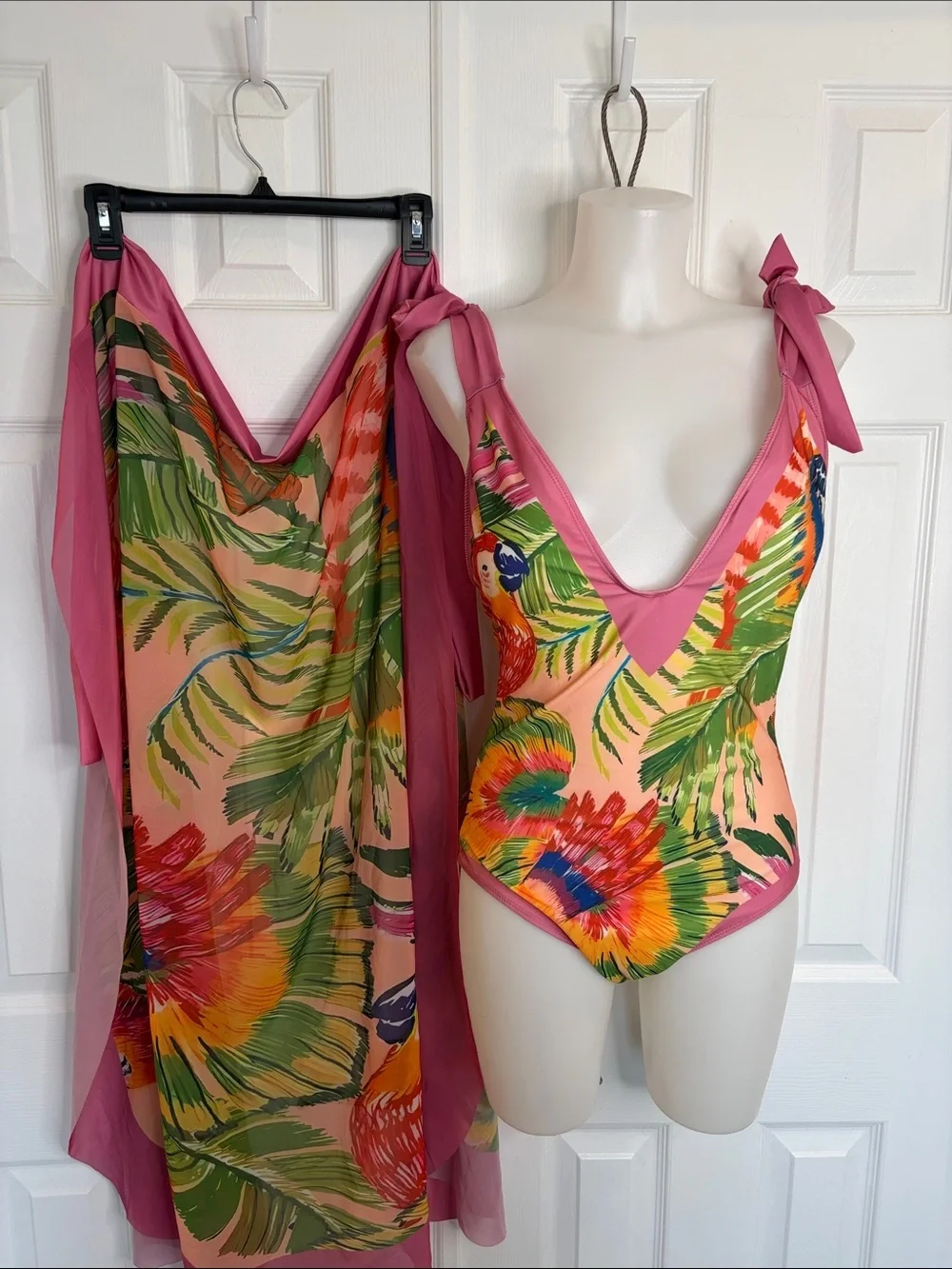Pink Tropical One-Piece Swimsuit Tie Straps Matching Maxi Sarong Wrap Set Size M